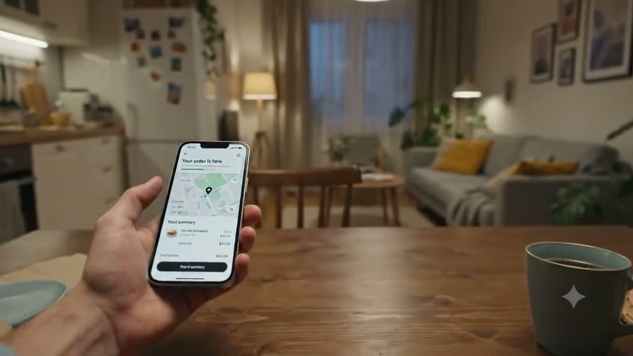 Someone holding a phone with Fuda open, standing in a quiet living room at home.